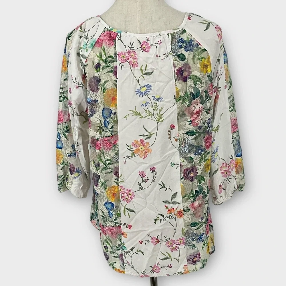 Fig and Flower Floral Lace Patchwork Tie Neck‎ Blouse Top Women Med Cottage Core - Picture 4 of 7